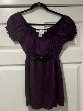 Purple Silk Puff-Sleeve Tunic Top
